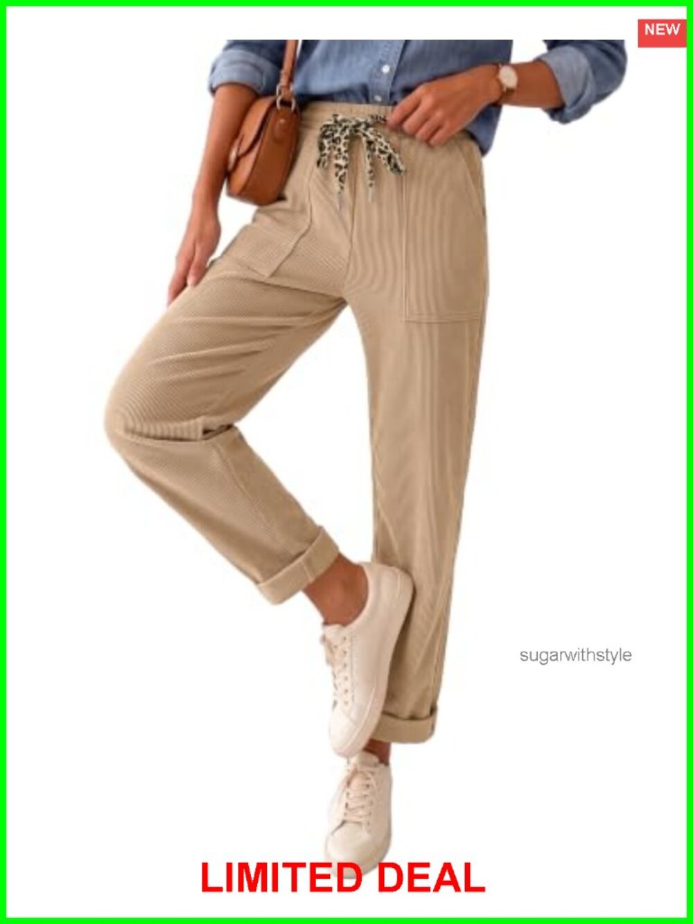 Corduroy Straight Leg Pants High Elastic Waist Leopard Drawstring Pull On